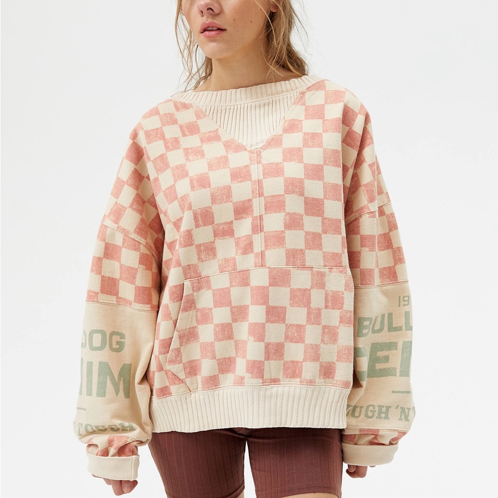 BDG Pink and Cream Crew Neck Sweater with Balloon Sleeves